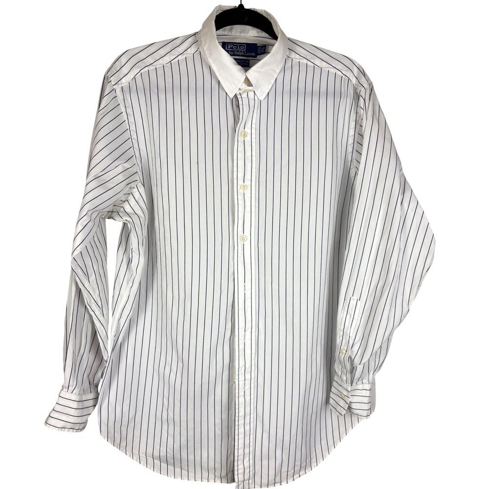 VTG Polo Ralph Lauren Douglas Tab Shirt Mens 15.5 32/33 White Navy Pinstripe